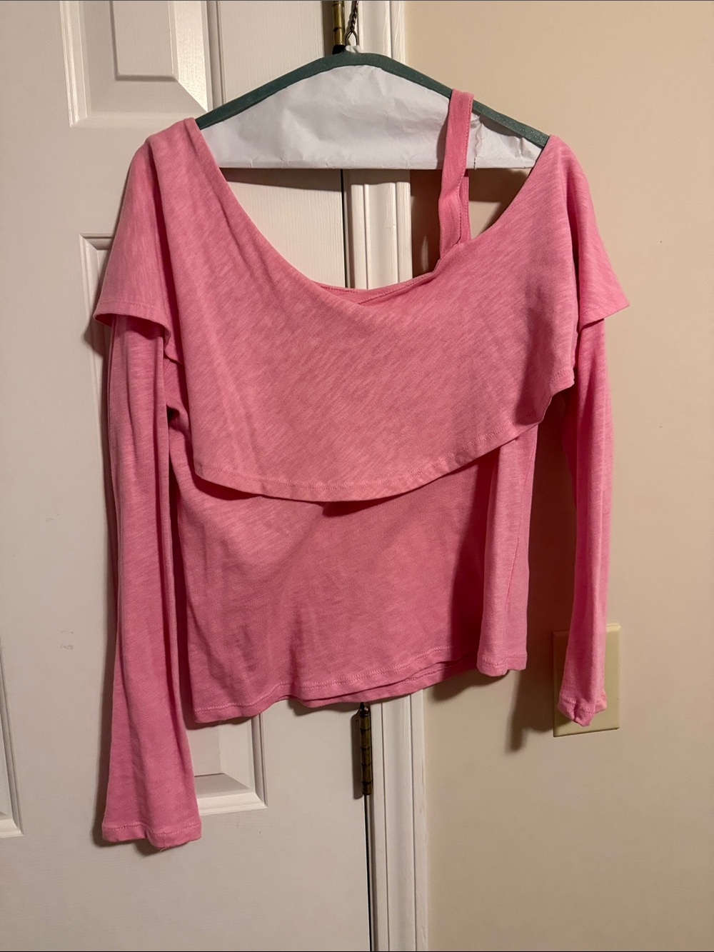 Anthropologie Pink Off-the-Shoulder Layered Long Sleeve Top